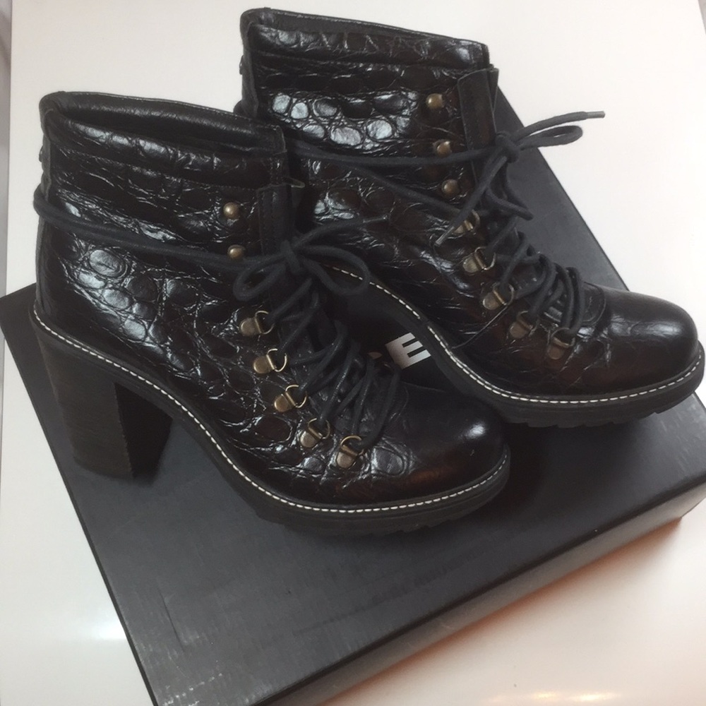 Diesel Alligator Embossed Black Tie Up Bootie